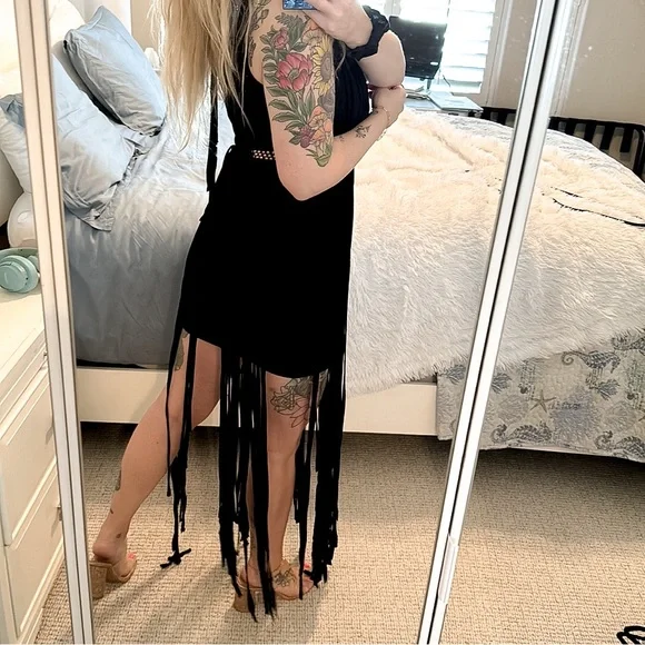 Black Fringe Maxi Cover Up One Size Halter Sheer Beach Dress Gold Waist Detail - Picture 8 of 14